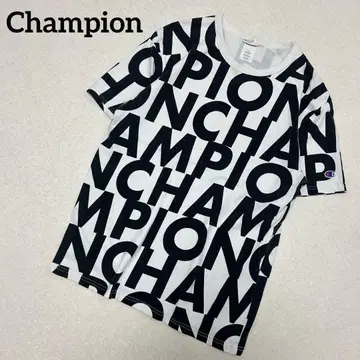 Champion 로고 프린트 T셔츠 M 사이즈 화이트/블랙