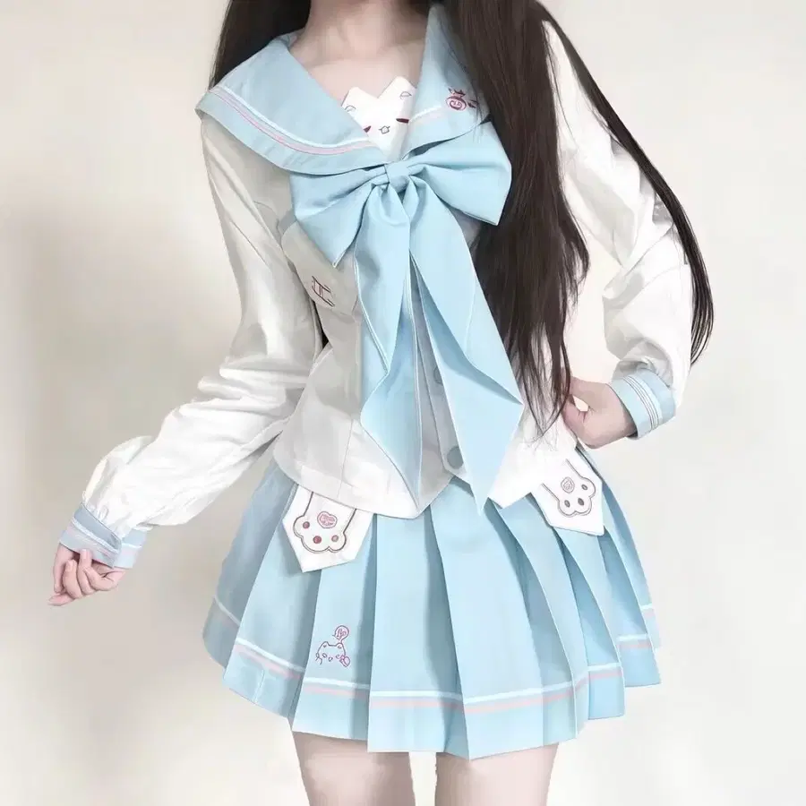 서즈컬처 고양이자수 하늘색 JK 교복 셔츠+스커트+치마 세트