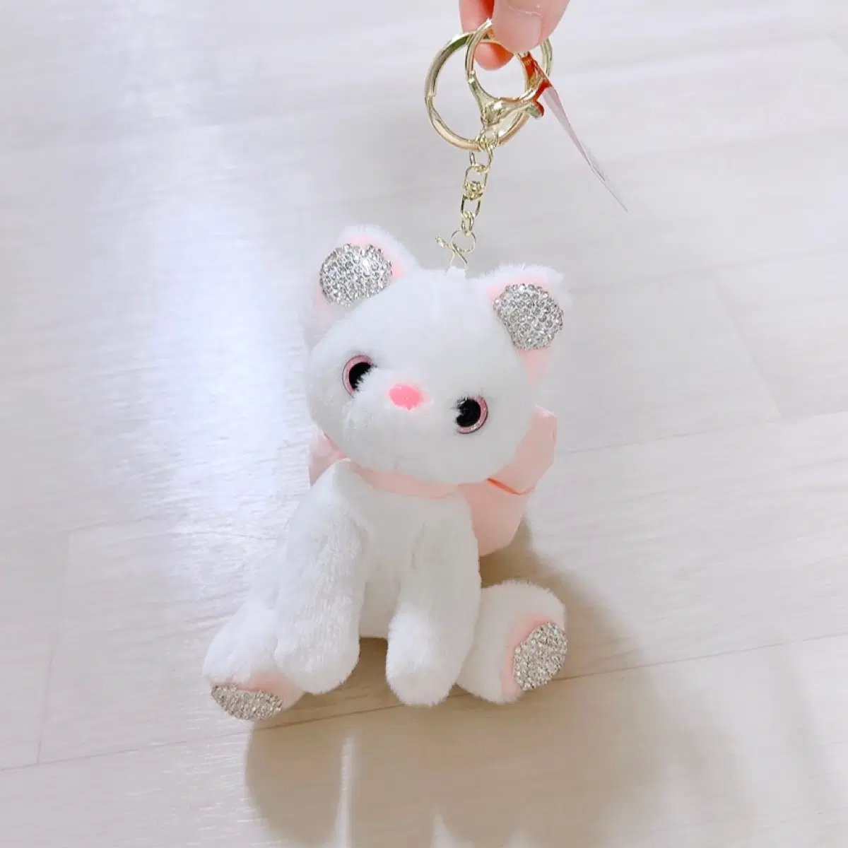 고양이 큐빅, 리본장식 인형 키링 / 새상품