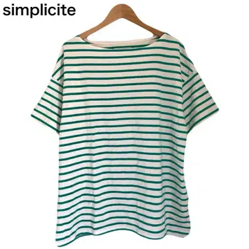 Simplicite 보더 여성용 그린 T셔츠 반팔 코튼