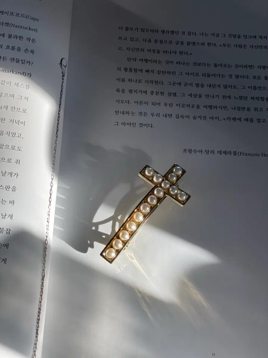 십자가 진주 머리핀 금색