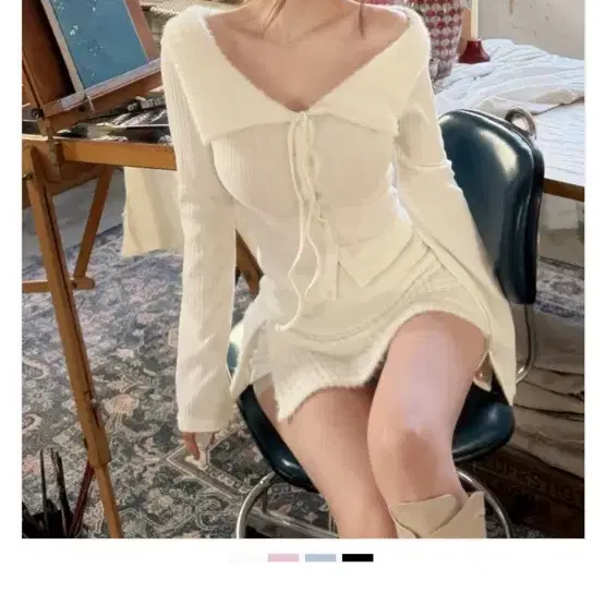 (택있음)카인다미 퍼 카라 오프숄더가디건&퍼 골지 치마바지 (아이보리)
