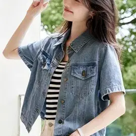 여름 감성핏 꾸안꾸 여성 반팔 데님 셔츠 재킷