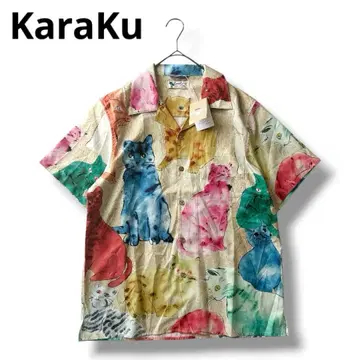택 포함 새상품 KARAKU 컬러풀 캣 팝 아트풍 프린트 하와이안 셔츠