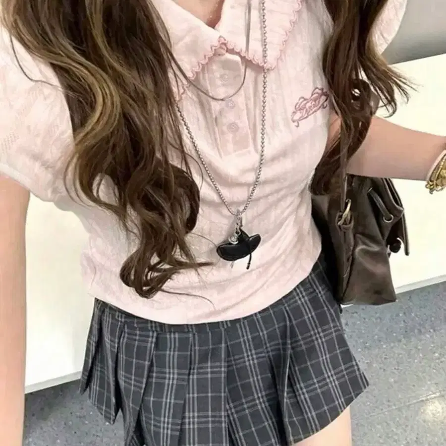 카라 니트 반팔 핑크