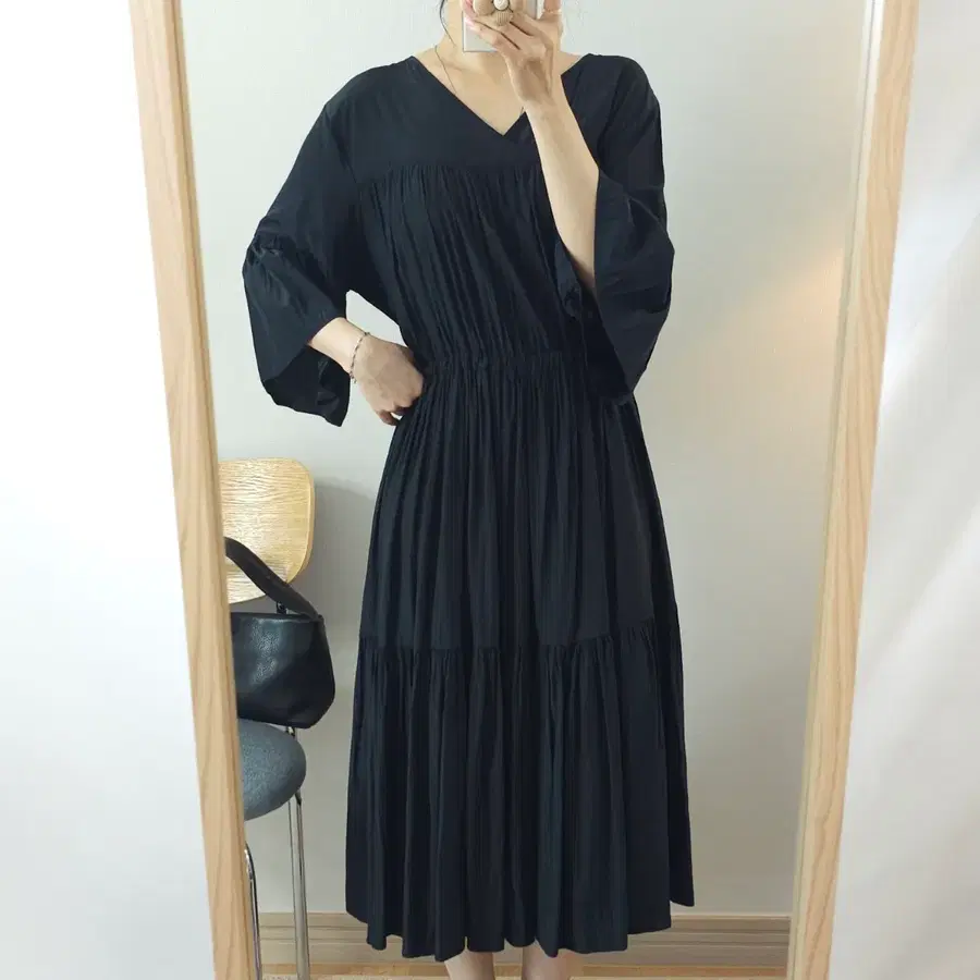 (F)여성 브이넥 반팔 롱 원피스 블랙 F3W4321
