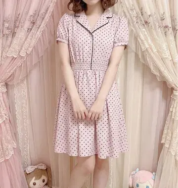 Ank Rouge 하트 도트 퍼프 슬리브 셔츠 원피스 양산형