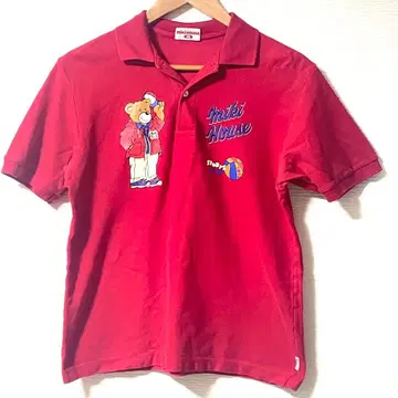 90s 올드 미키하우스 반팔 피케 셔츠 M 일본제 빨간색 곰 자수 레트로