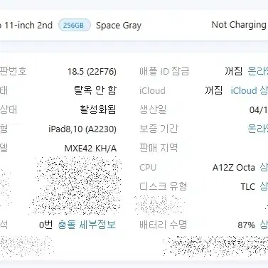 아이패드 프로 11인치 2세대 256GB 셀룰러 스그 A-급 판매합니다.
