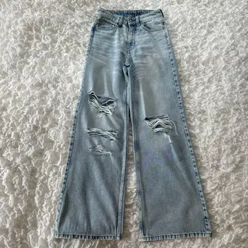 여성용 데미지 가공 와이드 데님 팬츠