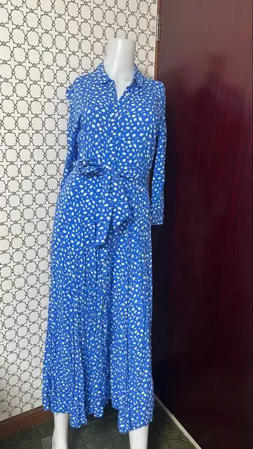 ZARA 블루 도트 무늬 셔츠 원피스 리본 벨트 포함 사이즈 M