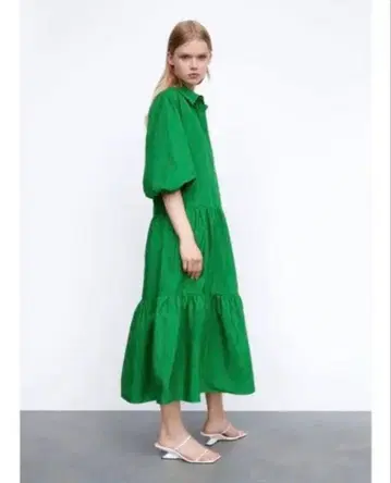 ZARA 코튼 티어드 셔츠 원피스 그린 XS