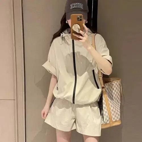 SIRU 여름 여성 오버핏 체형커버 반팔 집업 후드 투피스 세트
