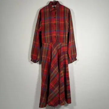70s USA VINTAGE 타탄 체크 롱 셔츠 원피스