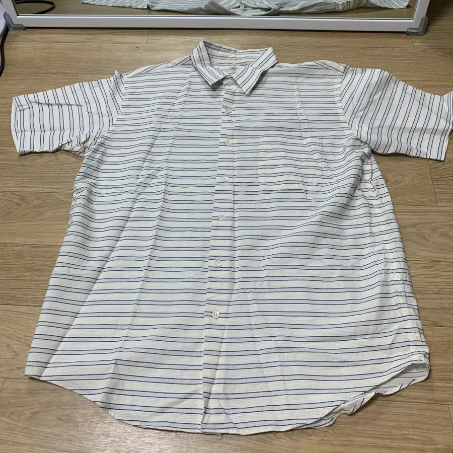 L)빔즈(BEAMS) 코튼 린넨 스트라이프 반팔 셔츠 (일본제)