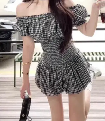 깅엄 체크 오프숄더 미니 원피스