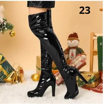 에나멜 광택 니하이 부츠 롱 기장 집업 하이힐 23cm 블랙