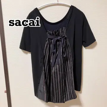 sacai 도킹 반팔 티셔츠 블라우스 스트라이프 리본 실크 혼방