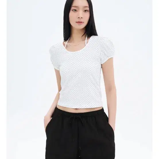 에잇세컨즈 도트 패턴 퍼프 소매 티셔츠 화이트 m