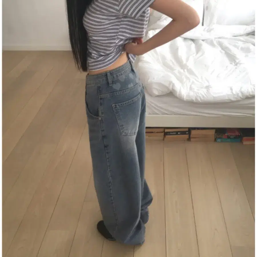 밑단스냅 하트프린팅 와이드 데님 팬츠 M