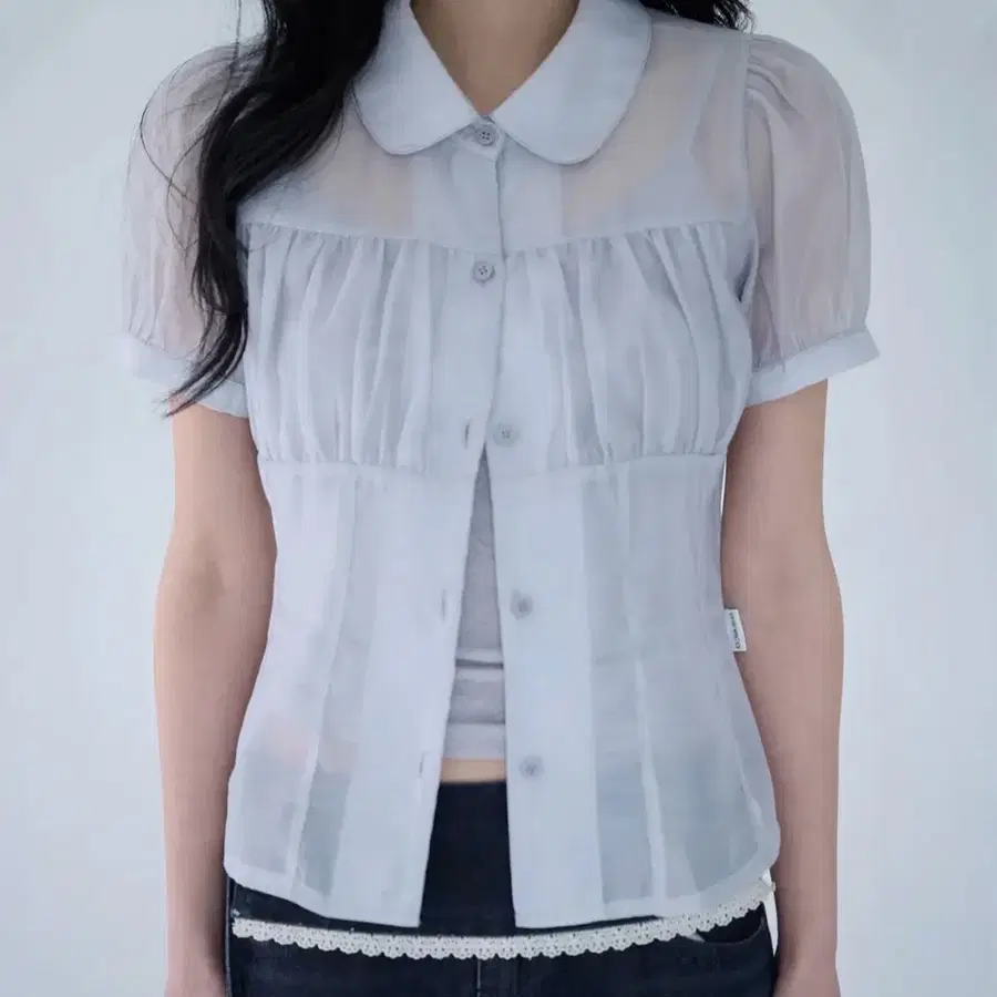 미레코 SHIRRING SHEER BLOUSE MISTY BLUE