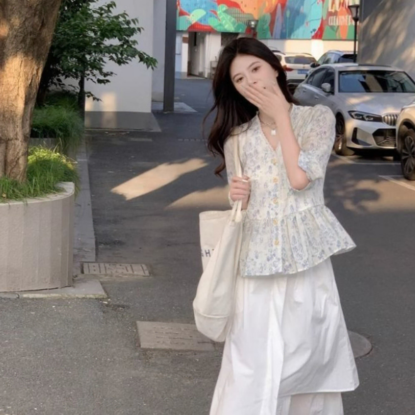 플라워패턴 블루가든 쿨소재 블라우스