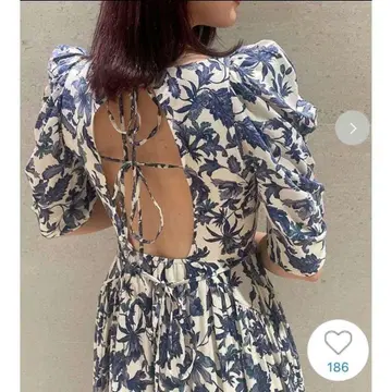 SNIDEL 스나이델 꽃무늬 롱 원피스 백 오픈 블루
