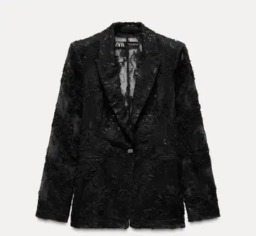 새상품급 자라 ZARA 테일러드 자켓 시스루 스팽글 블랙