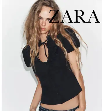 ZARA 타이 디테일 포플린 상의 셔츠 블랙 블라우스