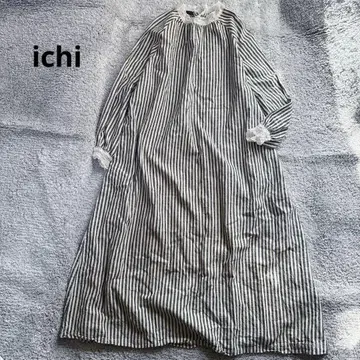 이치 롱 원피스 코튼 린넨 스트라이프 레이스 플레어