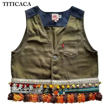 [ 새상품급 ] TITICACA 티티카카 자수 태슬 베스트 카키 면