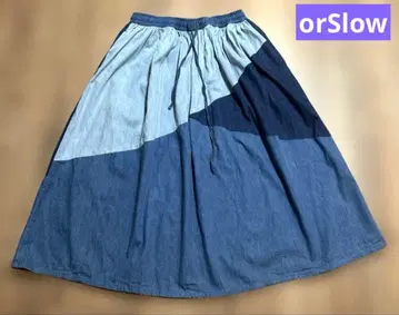 오어슬로우 패치워크 배색 절개 데님 개더 롱 스커트 일본제