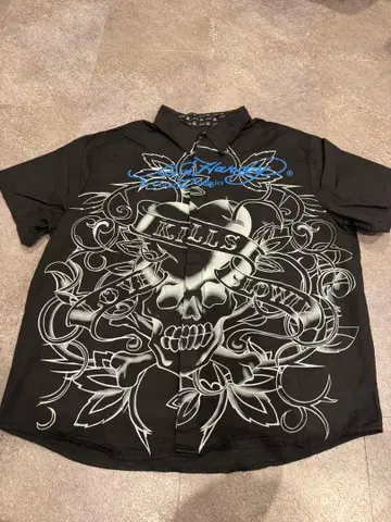 Ed Hardy 반팔 셔츠 스컬 자수 블랙 초 오버사이즈 블랙