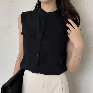 새상품급 어뉴언스 블랙 슬리브리스 블라우스 밴드 카라 F 블랙