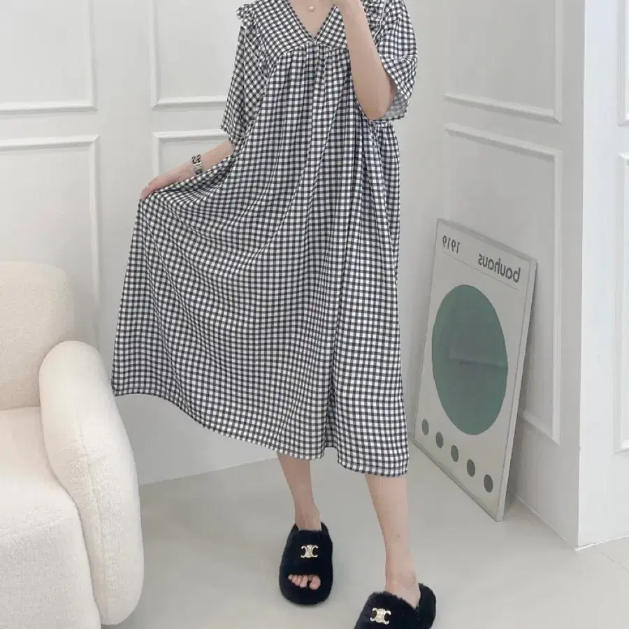 44-99 빅사이즈 체크무늬 프릴 원피스 잠옷