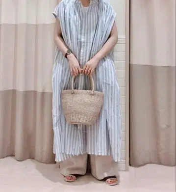 컨디션 최상 SM2 코튼 린넨 프렌치 슬리브 개더 원피스 스트라이프