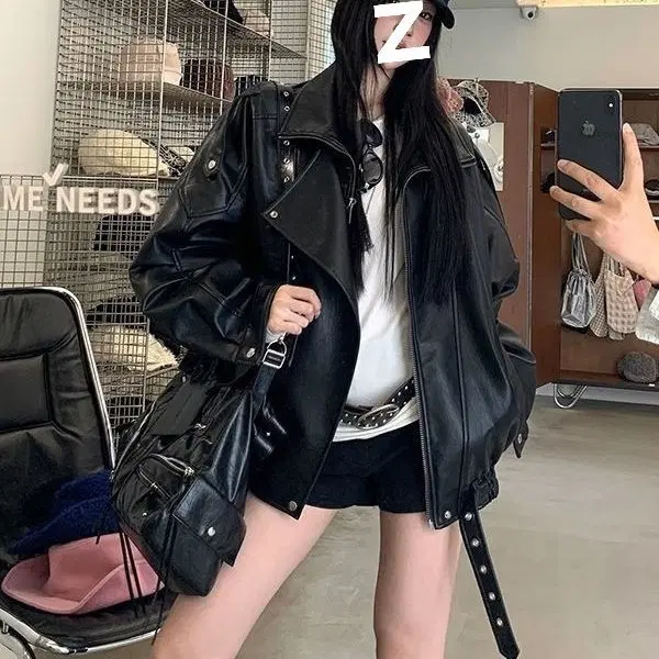 오버핏 레더 자켓 블랙