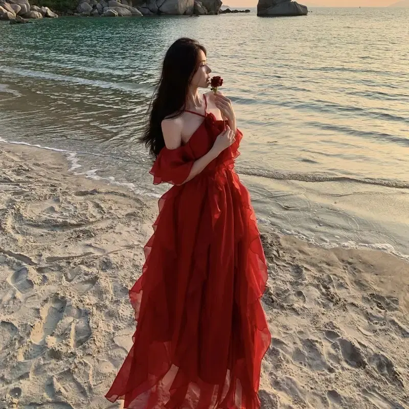 레드 쉬폰 롱 드레스