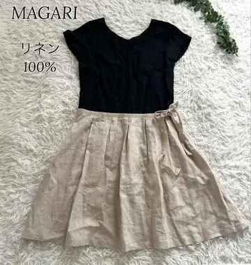 MAGALI 마가리 린넨 100% 반팔 롱 원피스 리본 바이컬러