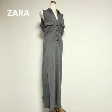 ZARA 데미지 가공 린넨 슬리브리스 롱 원피스 그레이