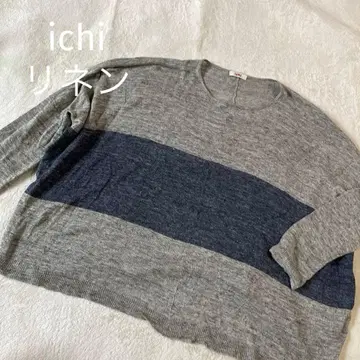 [ ichi ] 린넨 돌먼 슬리브 보더 상의 그레이 네이비