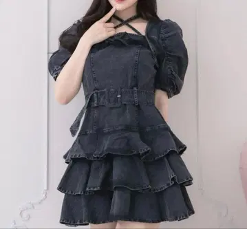 pium 데님 티어드 미니 원피스 반팔