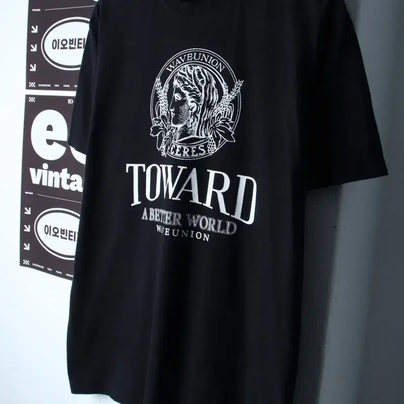 (L-2XL) 웨이브유니온 반팔 티셔츠 빅프린팅 블랙 올드스쿨-H3460