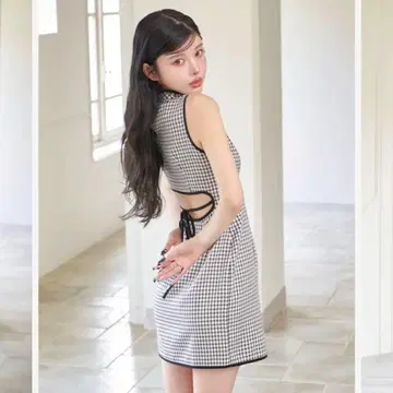 다리치 허리 오픈 체크 미니 원피스
