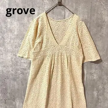 grove V넥 전체 레이스 무릎 기장 원피스 귀여운 걸리시 페미닌