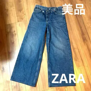 ZARA 와이드 레그 데님 팬츠 블루 EUR38 크로스 허리