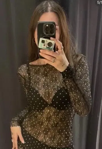 새상품 자라 ZARA 긴팔 티셔츠 레이스 비즈 스팽글 시스루