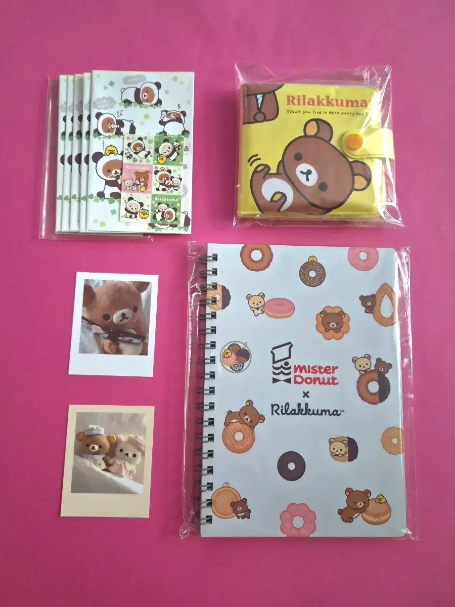 산엑스 리락쿠마 미스터도넛 콜라보 노트 지갑 편지봉투 포토카드 일괄