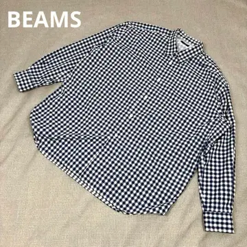 BEAMS 깅엄 체크 긴팔 셔츠 S 네이비 화이트