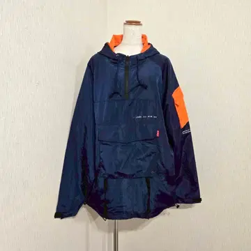 하프 지퍼 윈드 브레이커 네이비 x 오렌지 후드 부착 (3XL) 남성용